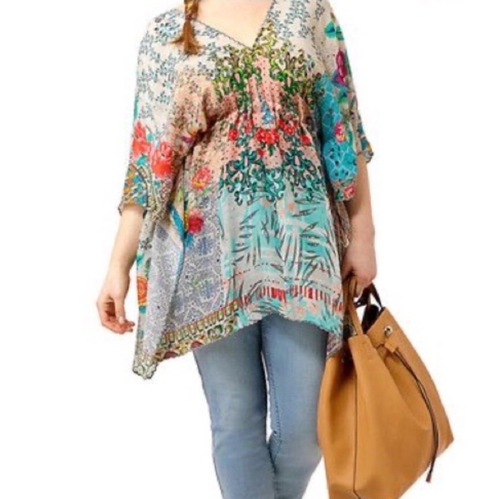 Johnny Was Tribal Silk Floral Patchwork Poncho Tunic Top V-Neck - Small